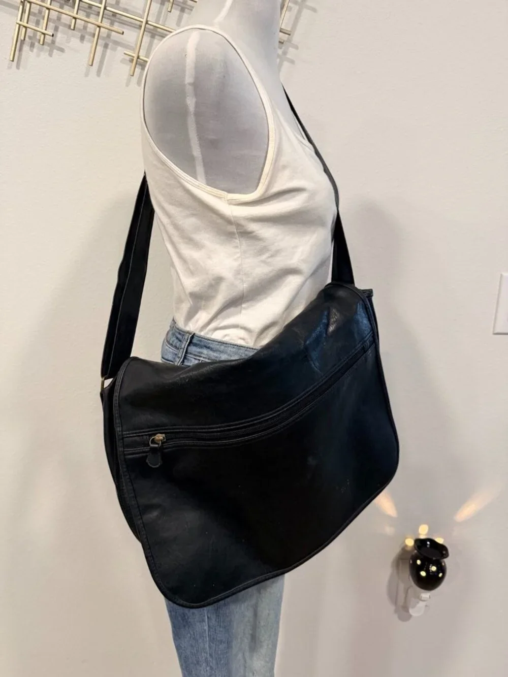 Vintage Black Simulated Leather Oversized Messenger Shoulder Bag